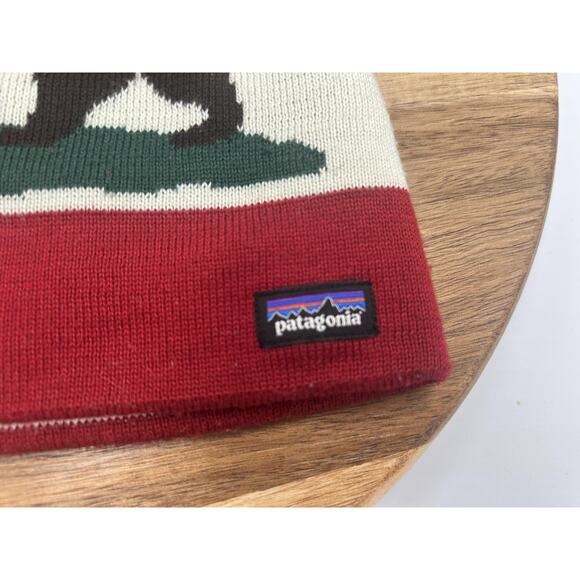 Patagonia Hat Beanie Fitted Mens One Size Red White California Bear Flag Knit - Picture 2 of 6